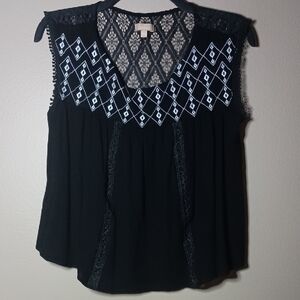 Takara Black Sleeveless Blouse with White Geometric Embroidery